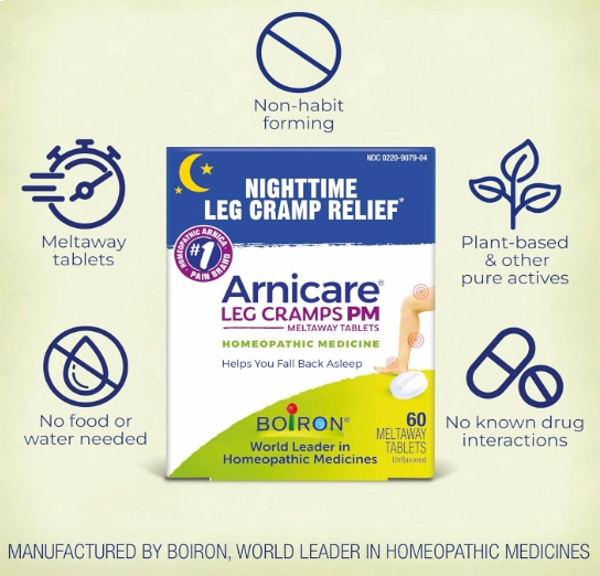 Arnicare Leg Cramps PM, Alívio noturno de Cãibras e Rigidez nos Pés ou Panturrilhas, 60 comprimidos, Boiron