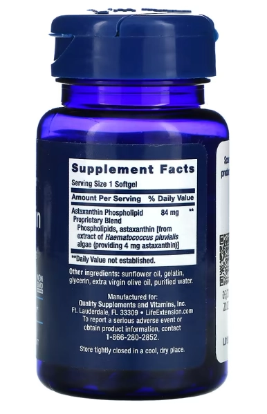 Astaxanthin com Fosfolipídios, 4mg, 30 Cápsulas, Life Extension