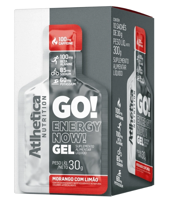 GO! Energy Now Gel, Caixa com 10 Saches 30g cada, Sabor Morango com Limão, Atlhetica Nutrition