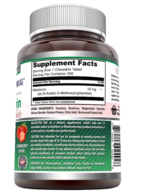 Melatonina 10mg, 250 Comprimidos Mastigáveis Sabor Morango, Amazing Formulas