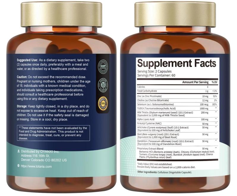 TUDCA 1000mg, com Cardo mariano, ALA, NAC e Sais Biliares, 120 Capsulas, Totaria Health