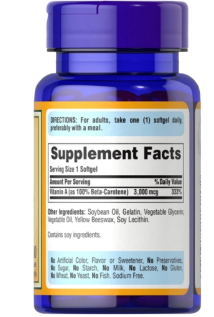 Beta Caroteno 3000mcg (10.000UI), 100 Cápsulas, Puritan's Pride
