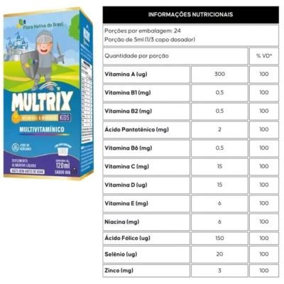 Kit 3 Unidades, MULTRIX (Xarope Infantil com Vitaminas de A a Z) Sabor Uva, 120ml - Flora Nativa do Brasil