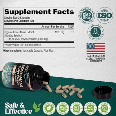 Lion's Mane Supplement Extra Strength, 1200Mg, 240 Cápsulas, Nutra Harmony 