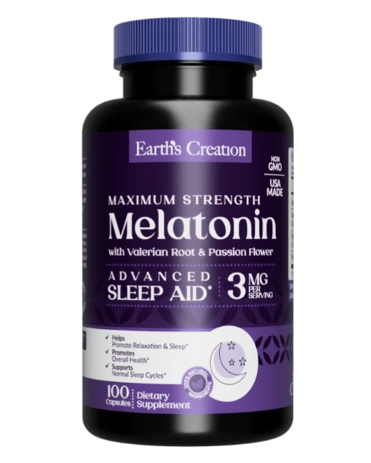 Melatonina 3mg, com Raiz de Valeriana e Flor da Paixão, 100 Cápsula, Earth's Creation