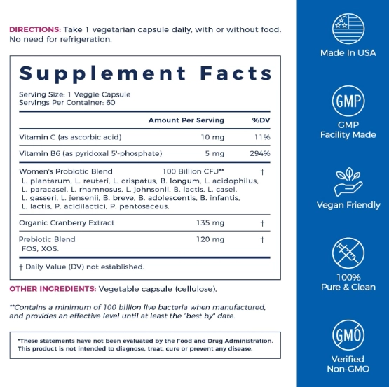 Probióticos para Mulheres, P-5-P, Vitamina C e Cranberry, 100 Bilhões de UFC, 60 Cápsulas, NewRhythm