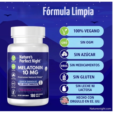 Melatonina 10mg de Alta Potência, 180 Comprimidos Sabor Frutas Vermelhas, Nature's Perfect Night