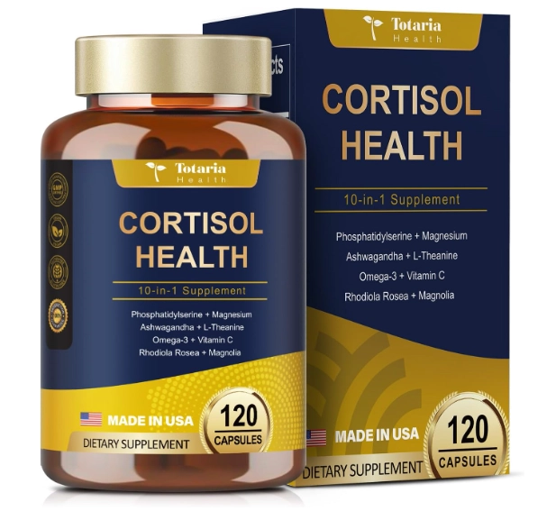 Cortisol com Ashwagandha, Magnésio, Rhodiola Rosea, L Teanina, Equilíbrio Hormona, 120 Cápsulas, Totaria