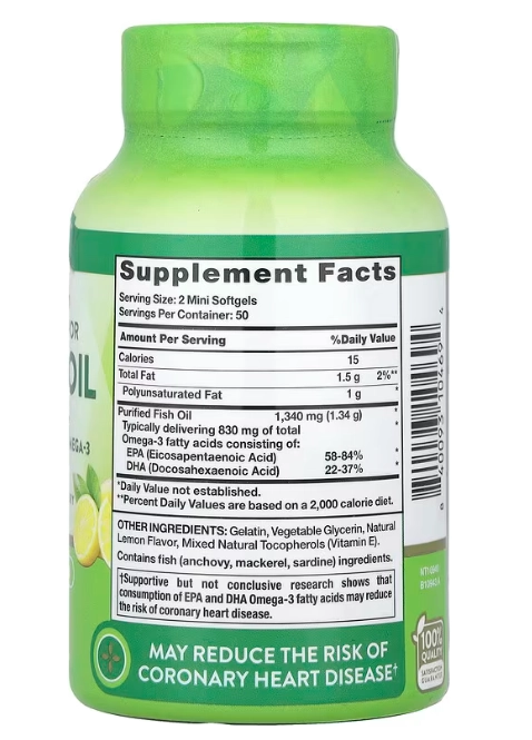 Mini Fish Oil Premium, Óleo de Peixe 1340mg, 100 Minicápsulas Sabor Limão, Nature's Truth
