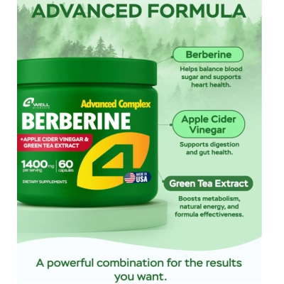 Berberine HCL 1400mg, Berberina Ativador de GLP-1, 60 Cápsulas, 4Well Products