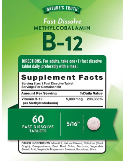 Vitamina B-12 5000mcg Metilcobalamina, 60 comprimidos Sabor Morango, Nature's Truth