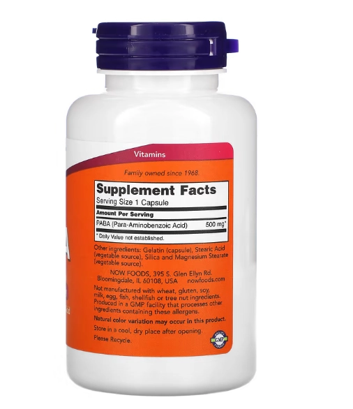 PABA, 500mg, 100 Cápsulas, Now
