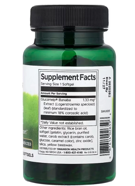  GlucoHelp, Extrato de Banaba 1,33mg, 60 Cápsulas, Swanson