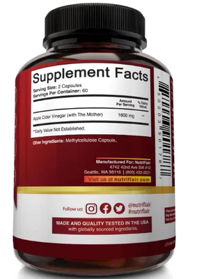 Apple Cider Vinegar, Vinagre de Maçã 1600mg, 120 Cápsulas, NutriFlair