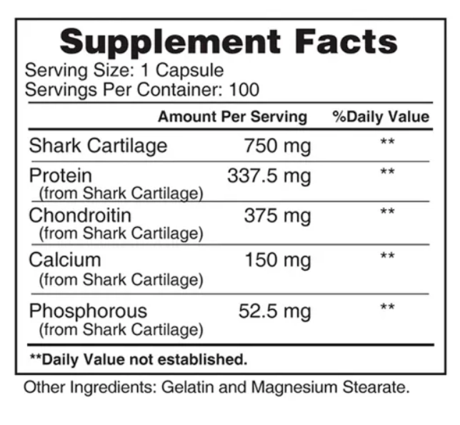Shark Cartilage 750mg, 100 Cápsulas, Earth's Creation