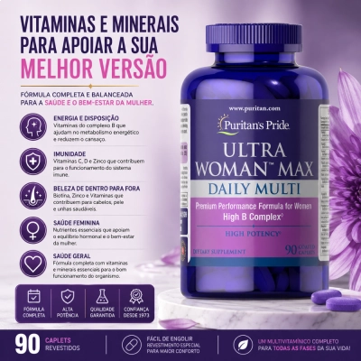 Ultra Woman Max Daily Multi, Energia, Imunidade e Saúde da Mulher, 90 Caplets, Puritan’s Pride