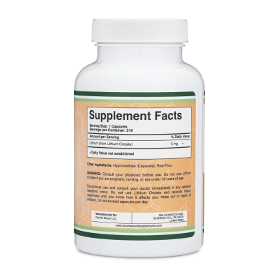 Lithium Orotate 5mg, Humor, Estresse e Equilíbrio Emocional, 210 Cápsulas, Double Wood