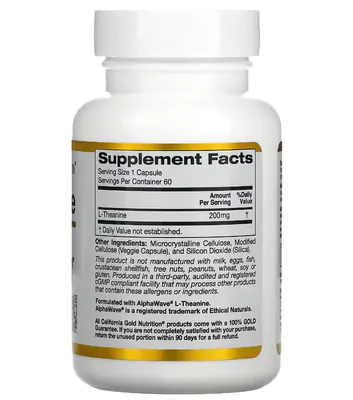 L-Theanine 200mg, AlphaWave, Supports Relaxation, Relaxamento e Focus, 60 Cápsulas, California Gold Nutrition