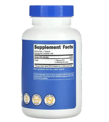 Ácido Fólico, 1000mcg, 240 Cápsulas, Nutricost