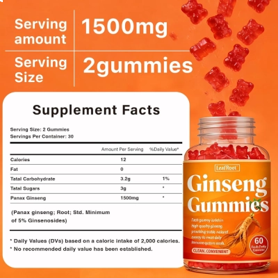 Ginseng Gummies (Ginseng Vermelho Coreano), 1500mg, 60 Gomas, LeafRoot