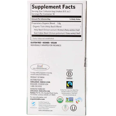 Chá (Tulsi Tea Alívio do Estresse e Energização ) Sabor Original, 18 Sachês de Infusão, Organic India