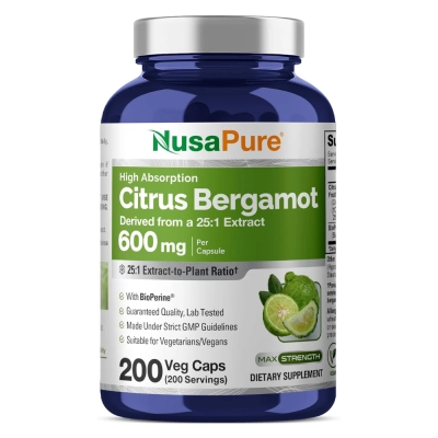 Bergamota Cítrica, 600mg, Saúde Cardiovascular e Metabolismo, 200 Cápsulas, Nusa Pure