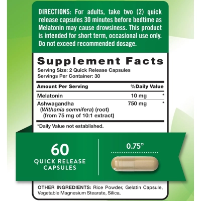 Melatonina Com Ashwagandha, 10 mg, 60 Cápsulas, Nature's Truth