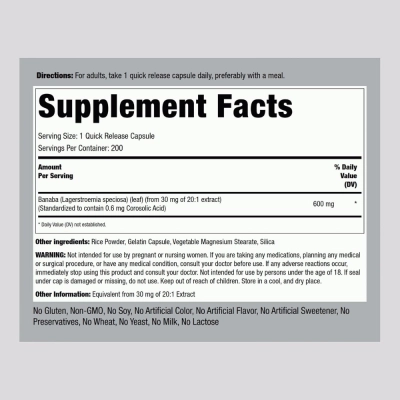 Extrato da Folha de Banaba com Ácido Corosólico, 600mg, 200 Cápsulas, PipingRock