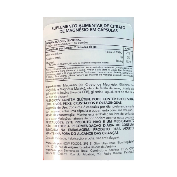Citrato de Magnésio 400mg, 90 Cápsulas, Now