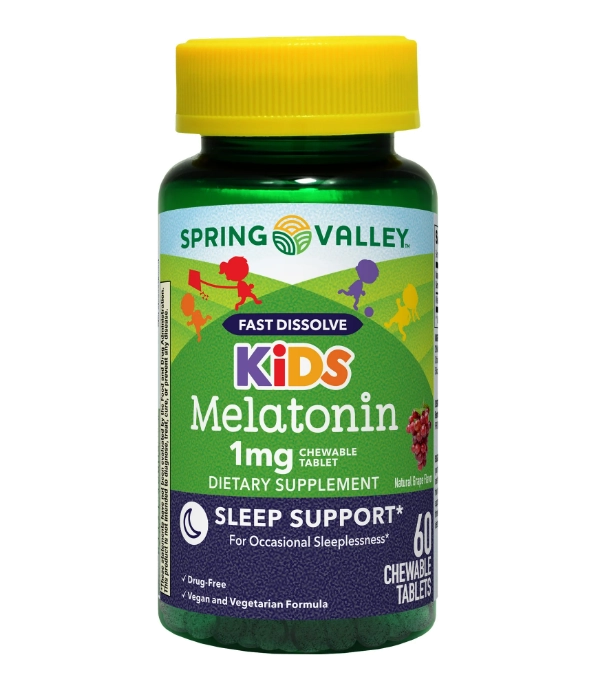 Melatonina Kids 1mg,  60 Tabletes Sabor Uva, de Dissolução Rápida, Spring Valley