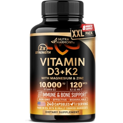 Vitamin D3 + K2 Extra Strength, 10000mg, 240 Cápsulas, Nutraharmony 