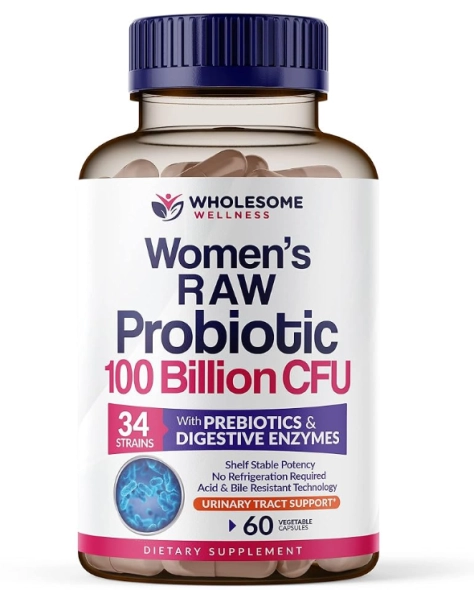 Probióticos Crus para Mulheres,  100 Bilhões de CFUs, Prebióticos e Enzimas Digestivas, 60 Cápsulas, Wholesome Wellness