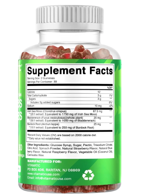 Irish Sea Moss 3000mg, Para Tireoide, Energia e Imunidade, 60 Gomas Sabor Framboesa, Vitamatic