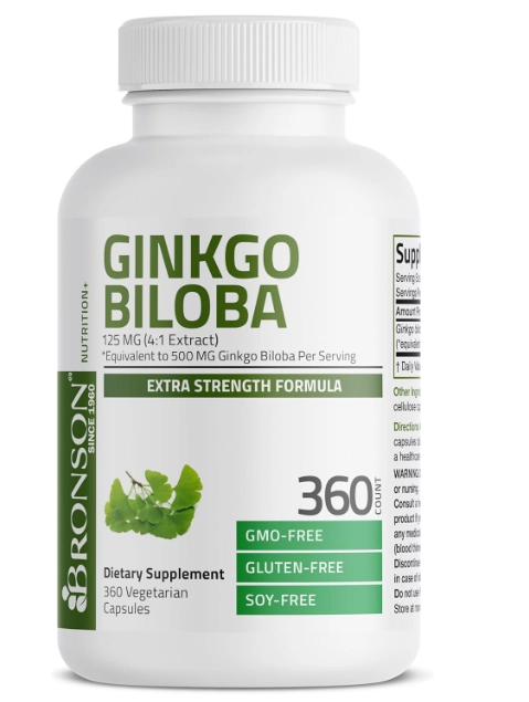 Ginkgo Biloba, 125mg, Apoia a função cerebral e Suporte à memória, 360 cápsulas, Bronson