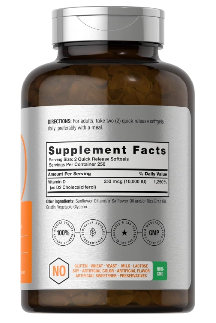 Vitamina D3, 10000UI Alta potencia, 500 cápsulas, Horbaach