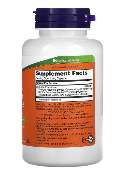 Turmeric 500mg , Fitossomo de Curcumina e Cúrcuma com Meriva, 60 Cápsulas, Now