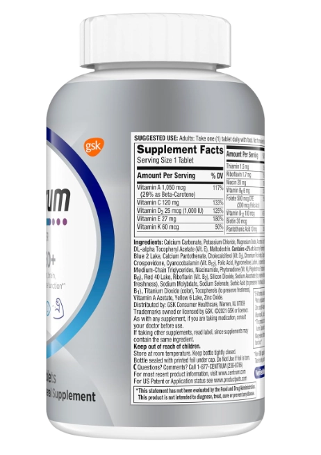 Centrum Men 50+ Multivitamínico Prateado, Com vitamina D3,B e Zinco, 200 Comprimidos
