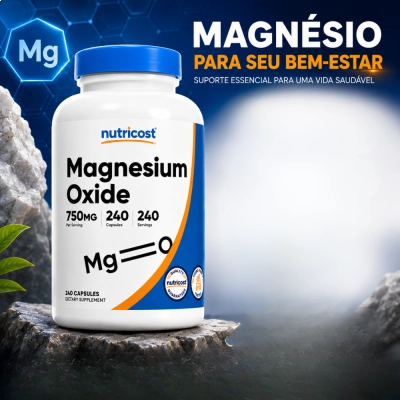Magnésio Óxido 750mg, Energia, Saúde Muscular e Bem-Estar Diário, 240 Cápsulas, Nutricost
