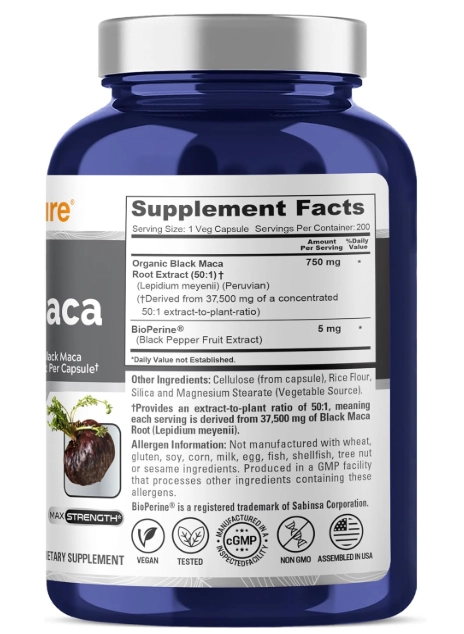 Black Maca Root, 750mg, 200 Cápsulas, NusaPure