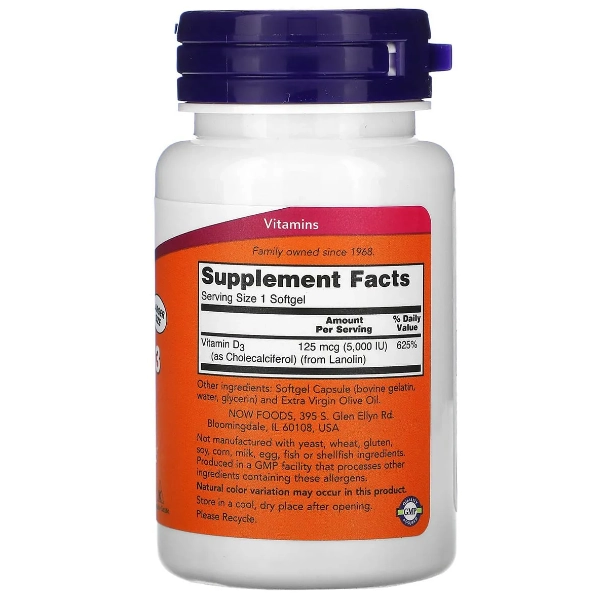 Vitamina D3, 5.000IU, 240 Softgels, Now