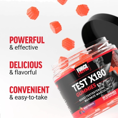 Test X180 Gummies, Força, Energia e Performance no Treino, 60 Gomas Berry Punch, Force Factor