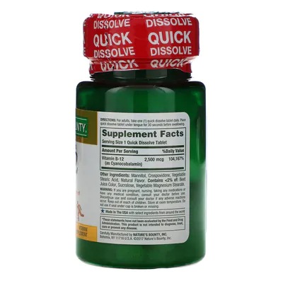 Vitamina B-12, 2500mcg, 75 Comprimidos, Dissolução Rápida, Sabor Cereja Natural, Nature's Bounty