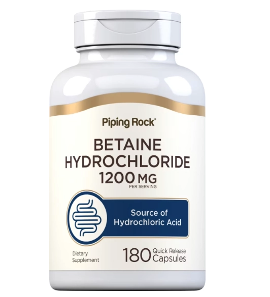 Betaína HCl, 1200mg (por porção), 180 cápsulas, Pipingrock