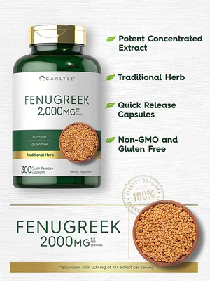 Fenugreek, Feno-Grego 2000mg, 300 Cápsulas, Carlyle