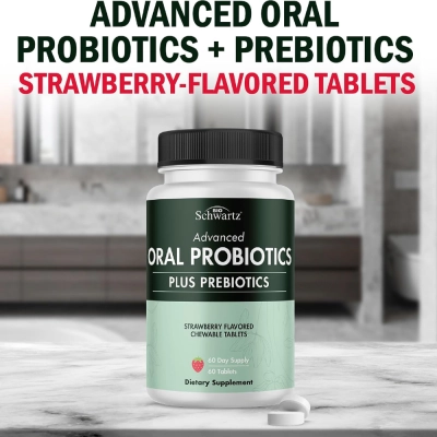 Probiótico Oral com Prebióticos, 60 Comprimidos, Sabor Morango, BioSchwartz