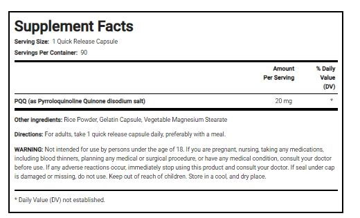 PQQ Pirroloquinolina Quinona 20mg, 90 Cápsulas, PipingRock
