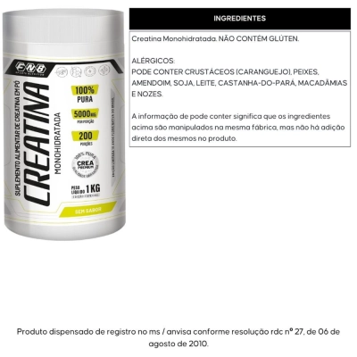 Creatina Monohidratada 100% Pura, 1kg, Sem Sabor, FNB Sports