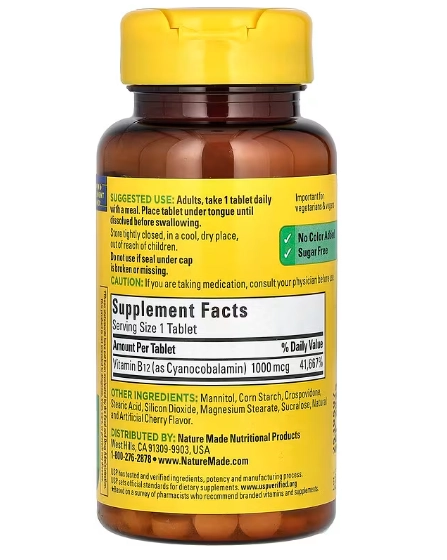 Vitamina B-12 Sublingual, 1000mcg, 50 Comprimidos Sabor Cereja, Nature Made