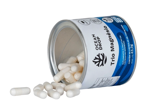 Trio Magnésio, Dimalato, Óxido de magnésio e Bisglicinato, 60 Cápsulas, Ocean Drop