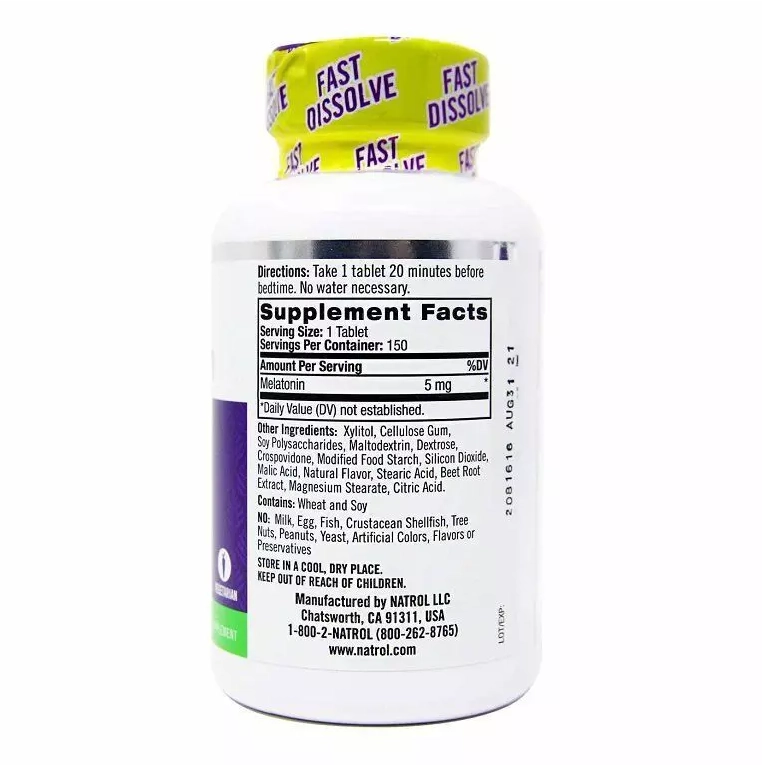 Melatonina 5mg, Fast Dissolve, 250 Comprimidos Sublingual, Natrol